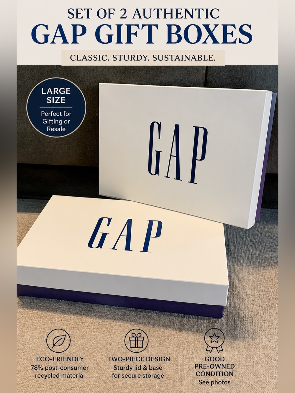 Set of 2 Gap Signature White & Navy Blue Apparel Gift Boxes - Large